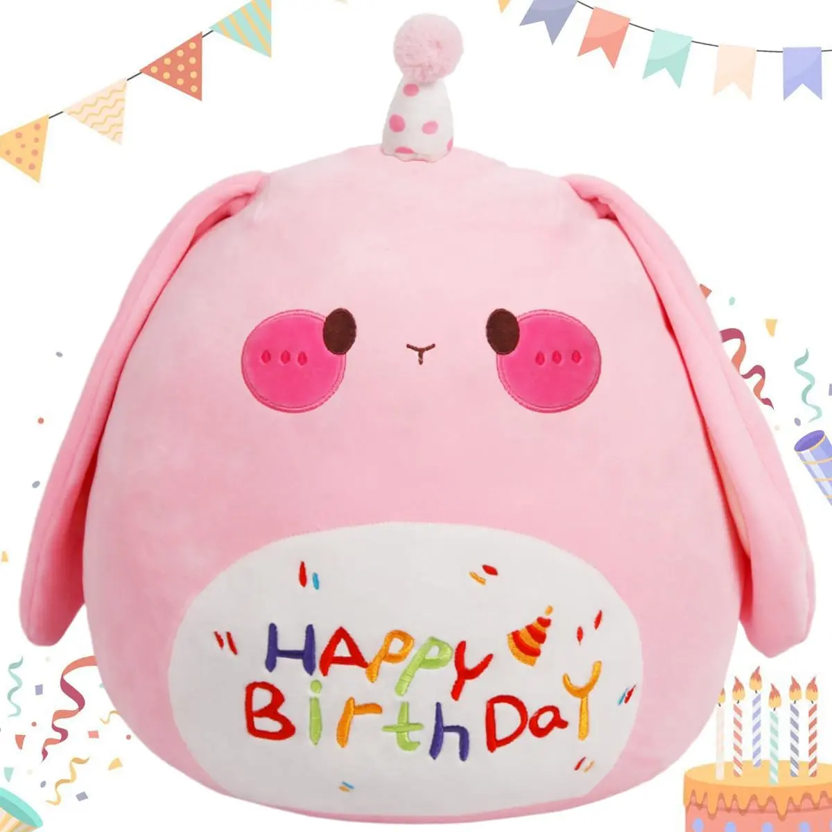 Jumbo 18in Cute Bunny Cuddle Plush Soft Stuffed Animal Large Birthday Pillow Kids Huggable Rabbit Plushie Toy Big Size Happy Birthday Party Decoration Plushies Gift for Friends Boys Girls Pink