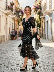 RETRO STAGE Women's 1930s Black Polka Dot Mermaid Dress, Casual Fashion Womenswear Outfit