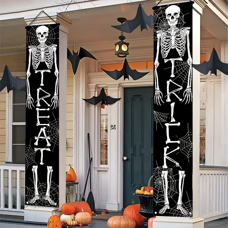 1 Pair Spooky Skeleton Halloween Door Banners - Trick or Treat Porch Decor with Spider Web Design, Black Polyester Outdoor & Indoor Fall Decoration for Halloween, Autumn, and Winter Celebrations, Halloween Decorations