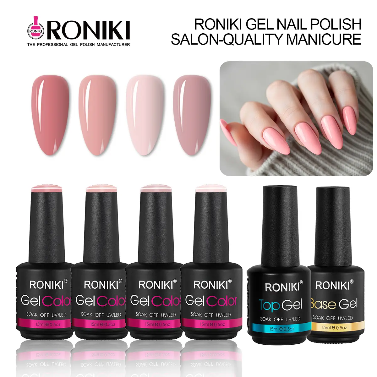 RONIKI Beginner 6-Bottle Gel Nail Starter Kit, Salon-Look Manicure Supplies for Home DIY, Mild Raw Materials, Low Viscosity Fast Levelling UV-LED Gel, Includes Base Coat & Top Coat