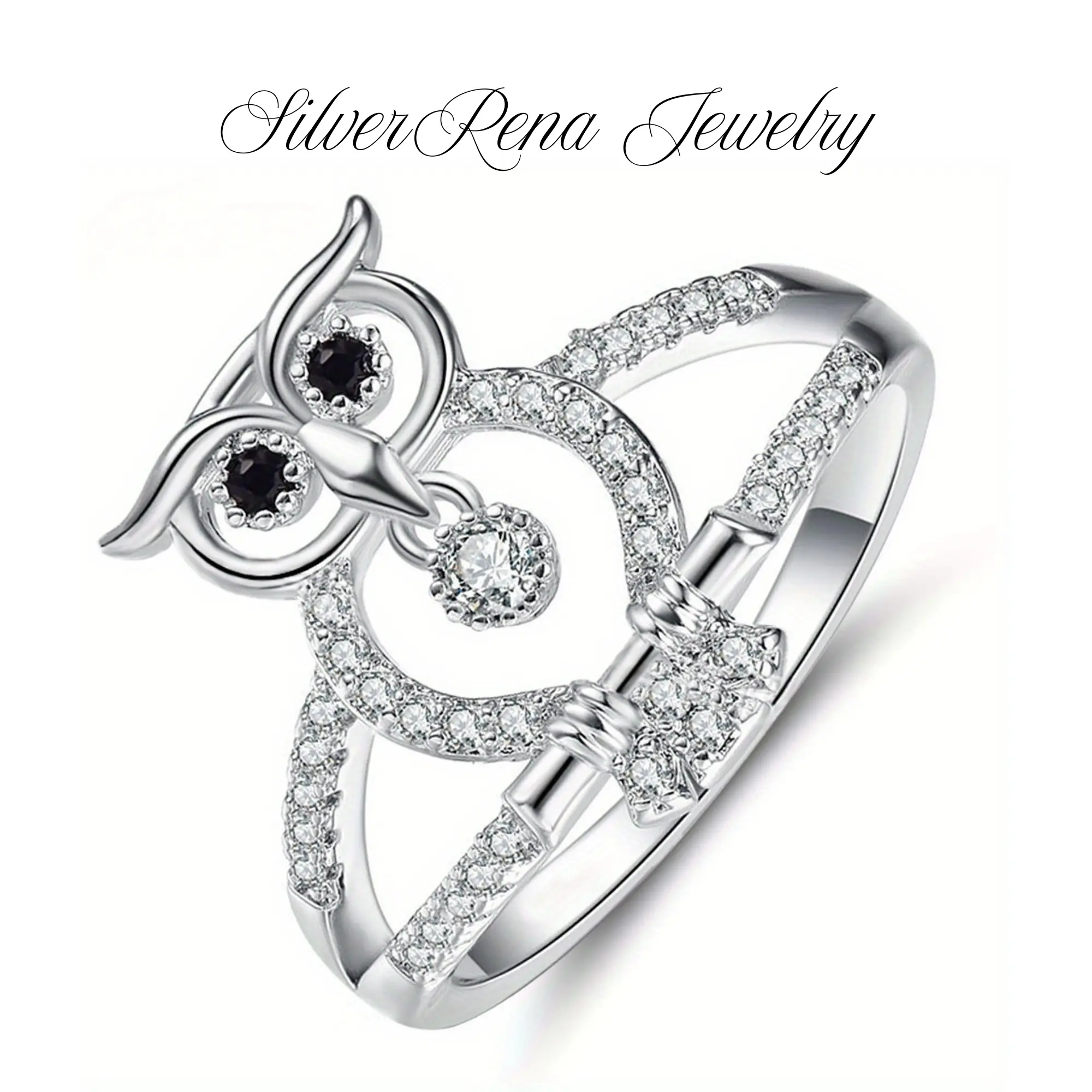 S925 Midnight Owl Ring with Black Spinel & 5A Cubic Zirconia, Unique Design Sterling Silver Ring