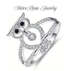 S925 Mother's Day Midnight Owl Ring with Black Spinel & 5A Cubic Zirconia, Unique Design Sterling Silver Ring