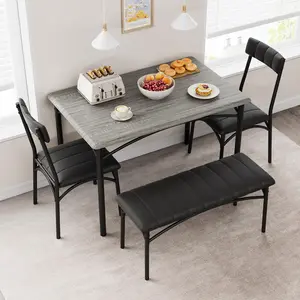 Garvee 4-Piece Space-Saving Dining Table Set for Four with Rectangular Kitchen Table, Upholstered Bench, and 2 Chairs – Sturdy Modern Furniture Ideal for Small Apartments or Dining Rooms in Rustic Gray