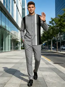 Men's 2-Piece Co-Ord Clothes Set - Classic Striped Long Sleeve Stand-Collar Shirt, Adjustable Waistband Trousers, Casual Vacation Menswear
