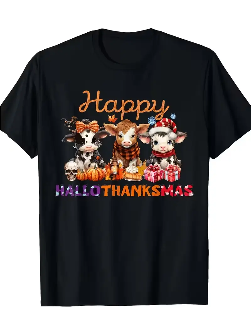 Men's Hallothanksmas Cow Graphic Short-Sleeve T-Shirt - Casual Retro All-Seasons Holiday Top, Soft Breathable Menswear