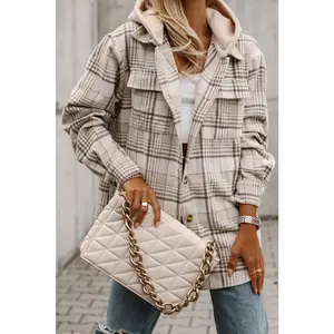 Khaki Plaid Removable Hood Buttoned Shacket