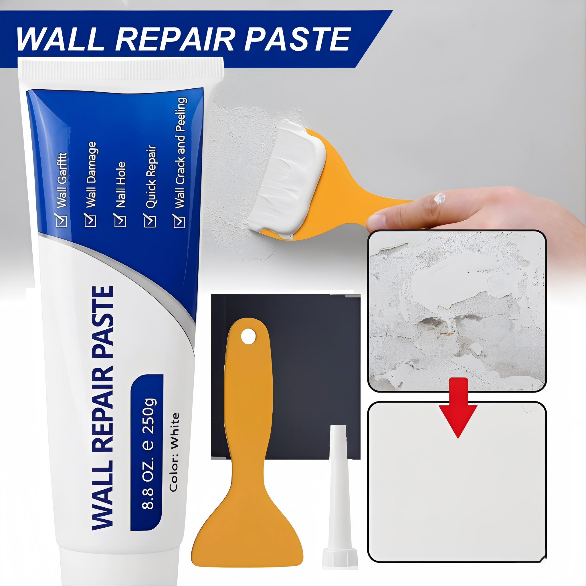 250g Quick Dry Wall Repair Paste, Drywall Patch Crack Filler, Waterproof Heavy Duty Wall Mending Agent, Multi-Purpose Concrete Repair Compound for Home Wall Repair White Spackle Kit