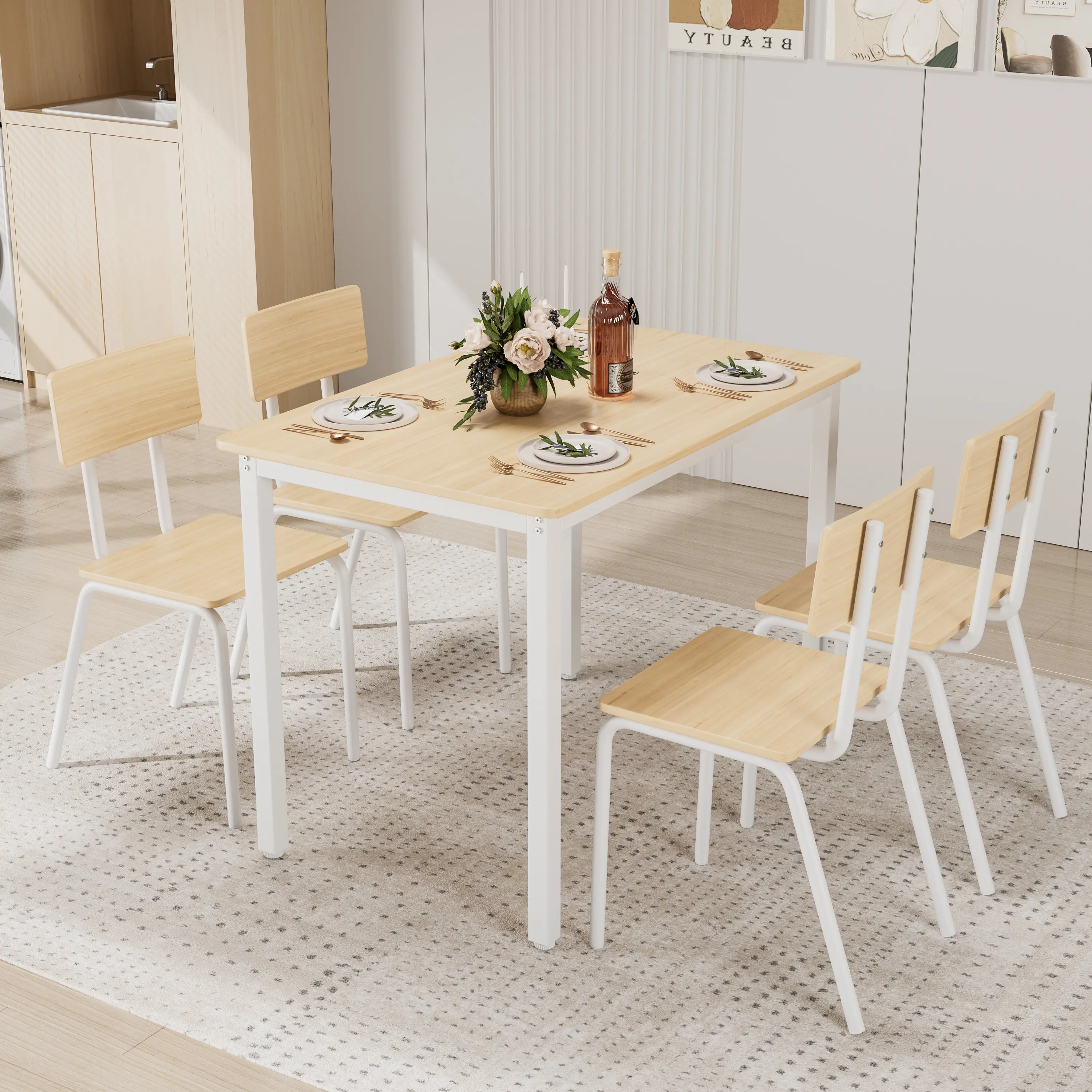 Bellemave 5-Piece Classic Storage Dining Table Set of 4 Chairs - 43x27 in MDF Board, Metal Frame, Waterproof, Easy-Clean, Space-Saving Indoor Furniture for Home Kitchen