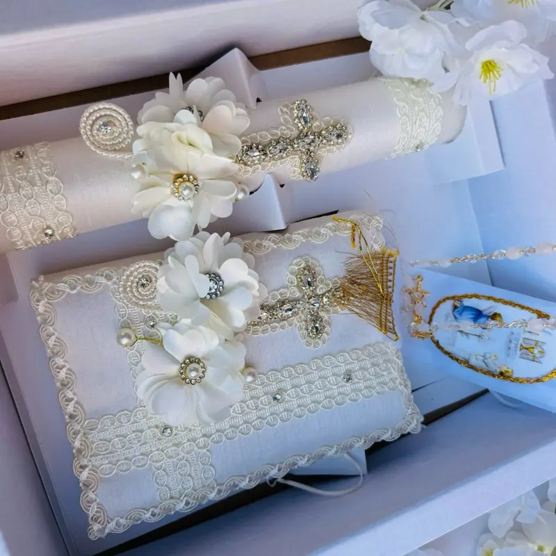 Traditional Ivory 4-Piece Religious First Communion Candle Set - Rosary, Decorative Elements, Gift-Worthy Box - Religious Ceremony Supply for Boys and Girls, Home Festive Parties