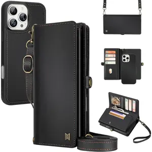 for Wallet Case Compatible with iPhone 16 Pro Max,Multi-Function Detachable 2 in 1 Magnetic iPhone 16 Pro Max Case Wallet,Flip Strap Zipper Card Holder Phone Case with Shoulder Straps (Black)