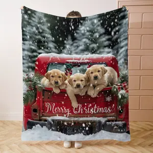 Soft Flannel Blanket with Red Truck and Labrador Dog Print - Comfortable Throw for Bed, Sofa, Office, Camping - Mid-Century Style, Polyester, All-Season, Wearable Blanket