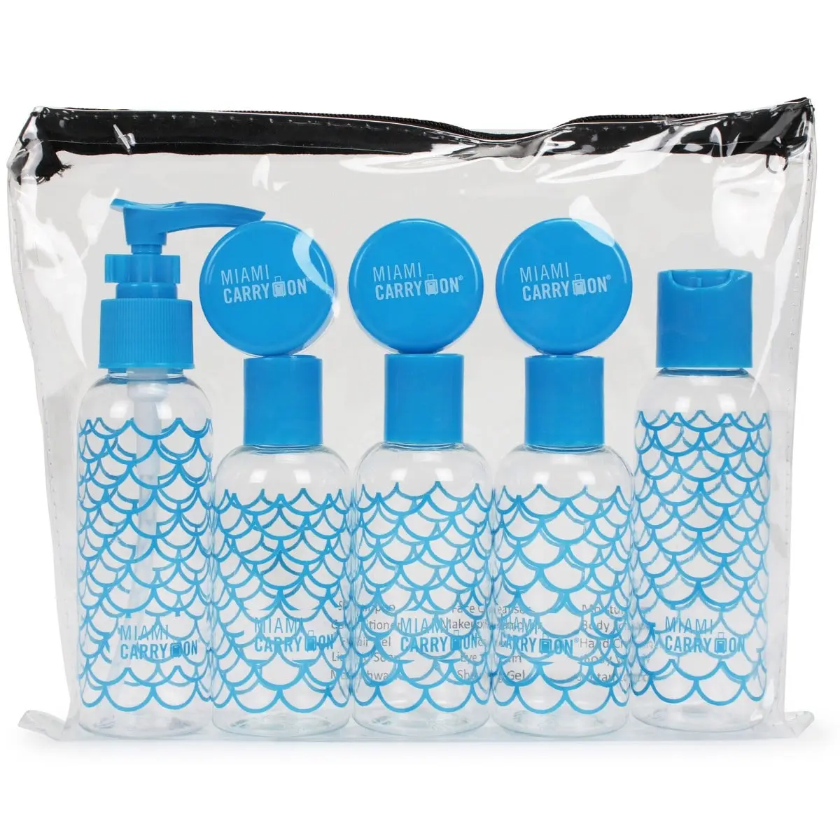 Miami Carryon TSA Approved 9-Piece Travel Bottle Set with Toiletry Bag, Dispenser, Jar, Zipper, 1x15ml Jar, 1xDisc-Top Cap Bottle - Complies with 3-1-1 Rules