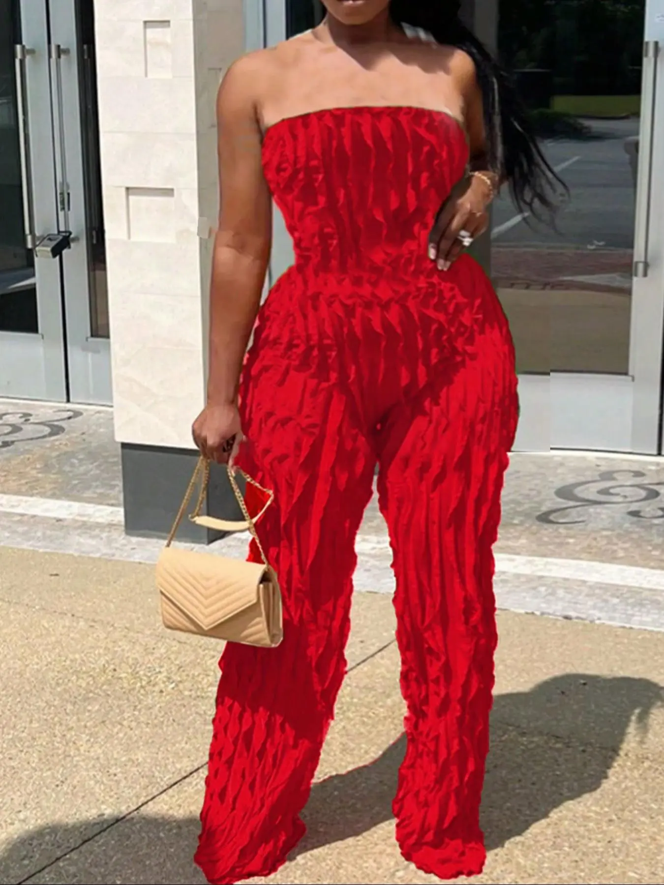 Women's Solid Color Backless Ruffle Trim Tulle Fitted Tube Overalls Jumpsuit, Elastic Waist Jumpsuit, Fashion Casual Sleeveless Strapless Jumpsuit for Daily Outdoor Wear, Ladies Clothes for All Seasons Valentine's Day, gift, Womenswear
