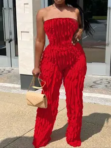 Women's Solid Color Backless Ruffle Trim Tulle Fitted Tube Jumpsuit, Fashion Casual Sleeveless Strapless Jumpsuit for Daily Outdoor Wear, Ladies Clothes for All Seasons Valentine's Day, gift