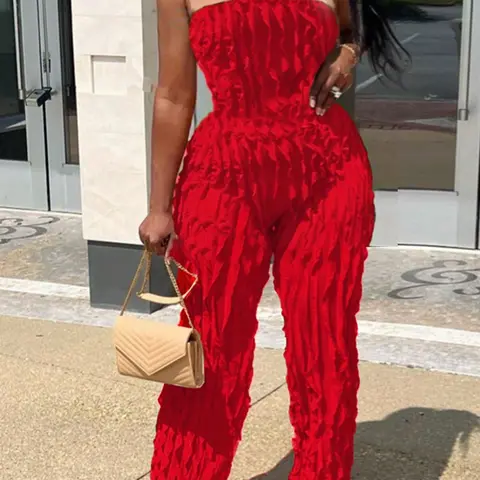 Women's Solid Color Backless Ruffle Trim Tulle Fitted Tube Overalls Jumpsuit, Elastic Waist Jumpsuit, Casual Comfy Jumpsuit, Fashion Casual Sleeveless Strapless for Daily Outdoor Wear, Ladies Clothes for All Seasons Valentine's Day, gift, Womenswear