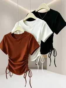 Minimalist Commuter Style Side Drawstring Short Sleeve T-Shirt, Versatile Slim Fit Top, 3-Piece Set for Inner and Outer Wear