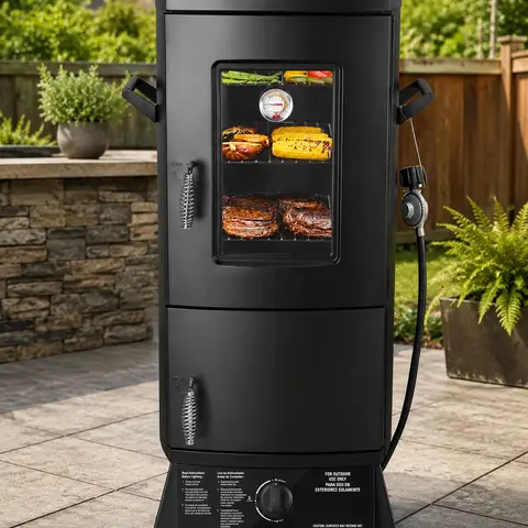 MAISON BACKYARDS Vertical Wood Barbecue Smoker Grill Bbq Pit Set - Sturdy Alloy Steel Construction, Grill Cover, 3 Removable Shelves, Temperature Control, Adjustable Rails, Compact Design (Spring Glow Up Collection for Outdoor Bbq, Deck)