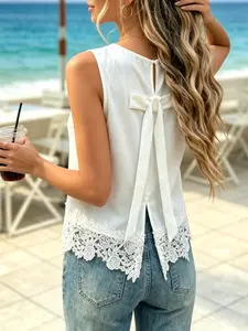 Summer Beach Vacation Sleeveless Top, Back Bow Lace Hem Design, Casual Peter Pan Collar Shirt, Fitted Style, French Chic, Youthful Vibe, Aesthetic Blouses Womenswear, Casual Basic Top, Lady