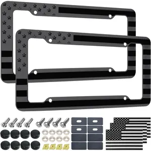Black  Flag License Plate Frame- Front Rear Patriotic  ? Tag Frames, 2 Pack 4 Hole Subdued 3D Embossed Stars and Stripes Plastic Holder with Mounting Hardware Kit