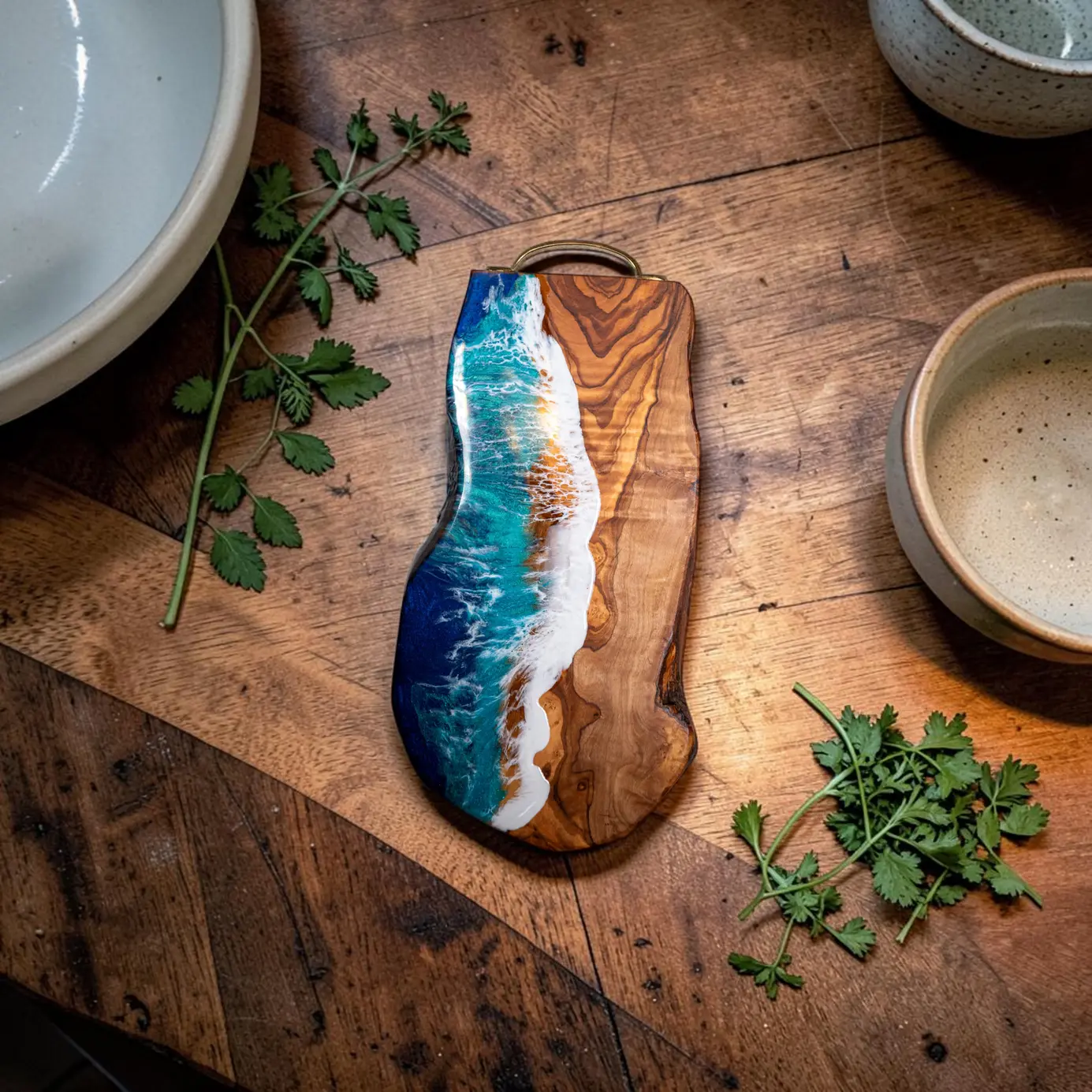 Handcrafted Ocean Wave Olive Wood Charcuterie Board - Serving Platter