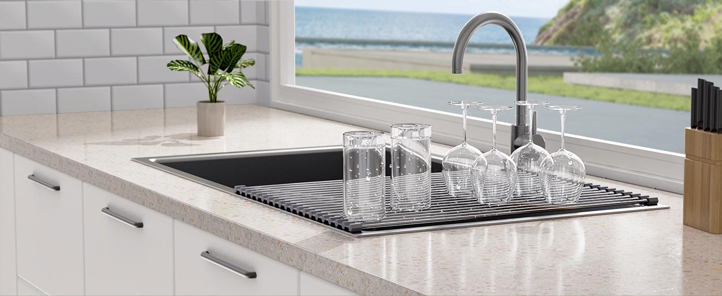 17.7" x 15.5" Roll Up Dish Drying Rack Over Sink Drying Rack Sink Cover Kitchen Sink Accessories Gadget Multipurpose Organizer Foldable Stainless Steel Drainer (Grey)