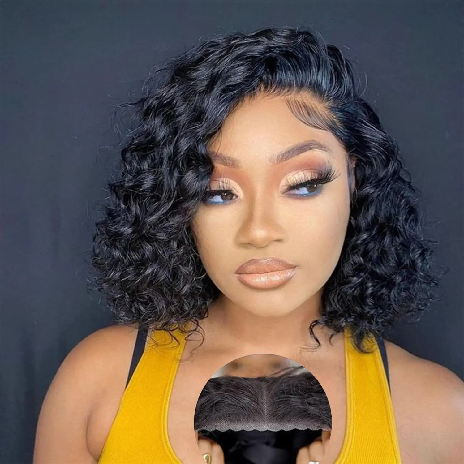 Human Hair Bob Wig Deep Wave Lace Front Curly 220% Density 14 Inch Human Hair Bob Wig Deep Wave Lace Front Curly 220% Density  main image 3