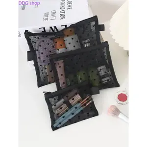 3-piece set of love-themed mesh storage bags | Ins-inspired makeup brush and skincare product transparent storage bag, Makeup Organizer Pouch, Travel Cosmetic Bags, breathable and visible, perfect for travel organization, a must-have for girly girls