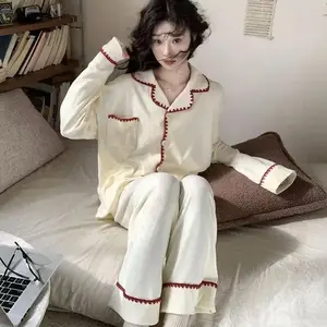 Ruffles Women Pajamas Set Winter Sleepwear Fleece 2 Piece Pant Home Suit Fluffy Korean Pocket Piiama Warm Button Night Wear New
