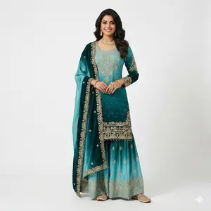 Indian Fancy Dress for Women - Teal Green & Aqua Blue Embroidered Suit with Matching Dupatta Womenswear Floral Long Sleeve Maxi Summer Casual
