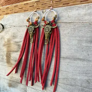 Fierce Fringe Couture Hypoallergenic Fringe Bullhead Earrings with Turquoise Beads and Leather Tassels