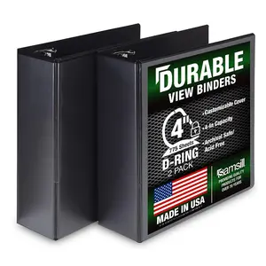 Samsill Durable 4 Inch 3 Ring Binder, D Ring Binder, 100% Recycled Chipboard, Black, 2 Pack