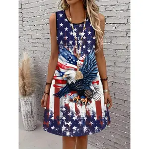 Women's Comfortable Sleeveless A-Line Casual Dress - U.S. Flag Print, Chic Elegant Fit, Style-Focused Clothes for Independence Day Celebrations bounce dress sundress