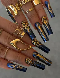 Blue Bones Press On Nails | Gothic Metallic Skeleton Nails | Deep Blue & Gold Chrome Nail Art | 3D Spine Design| Unique Design Nails