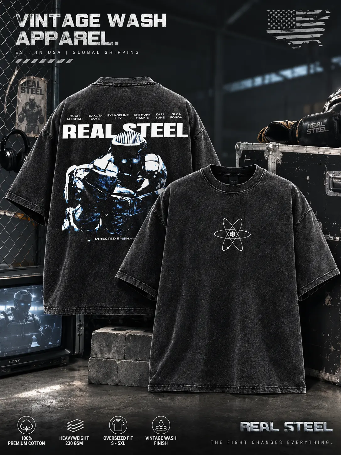 Real Steel Atom Fighter Vintage Washed Oversized Graphic T-Shirt for Men