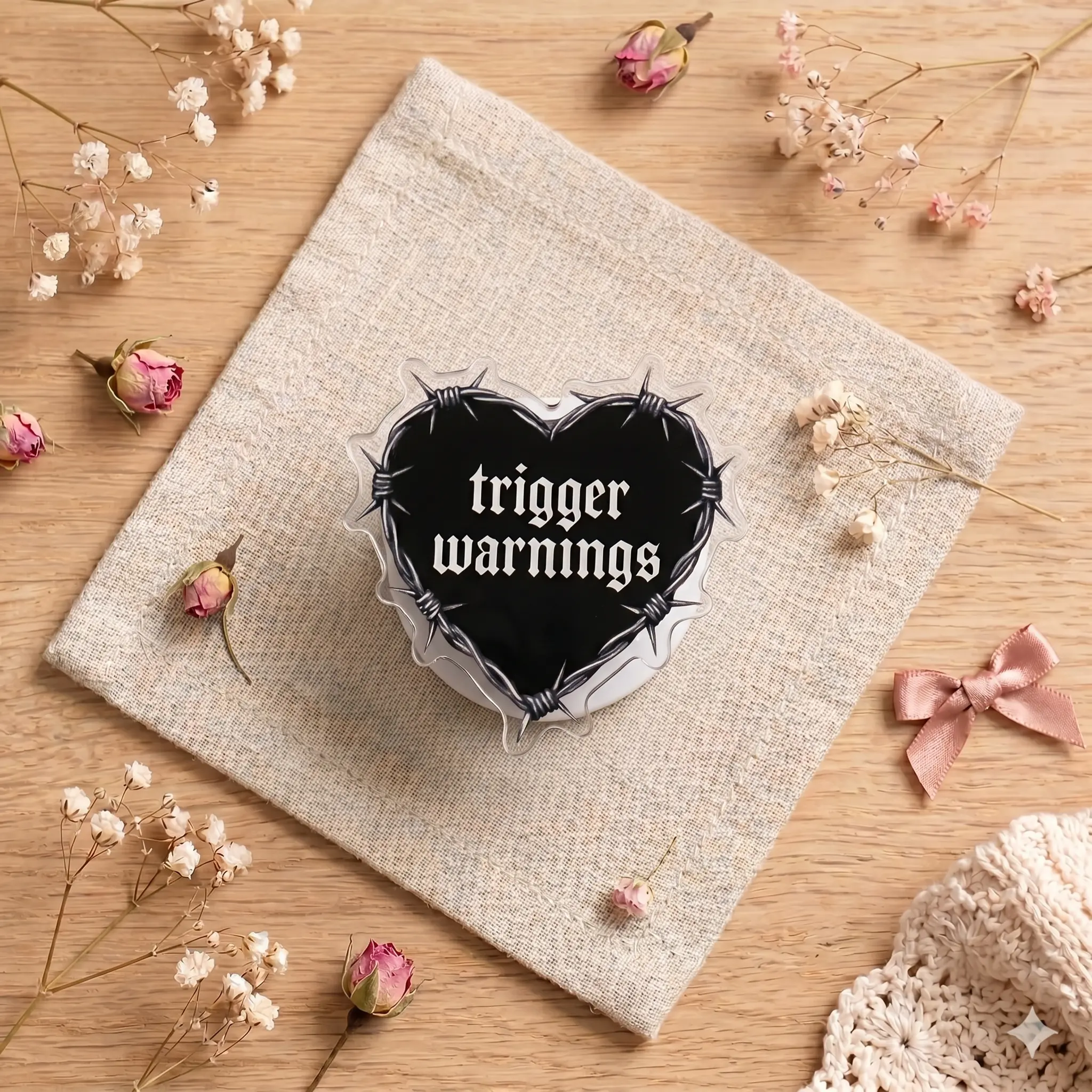 Trigger Warnings BookTok Phone Grip, Dark Romance Barbed Wire Heart Phone Stand, Gothic Acrylic Bookish Holder for Ereader Kindle Tablet, Reader Gift
