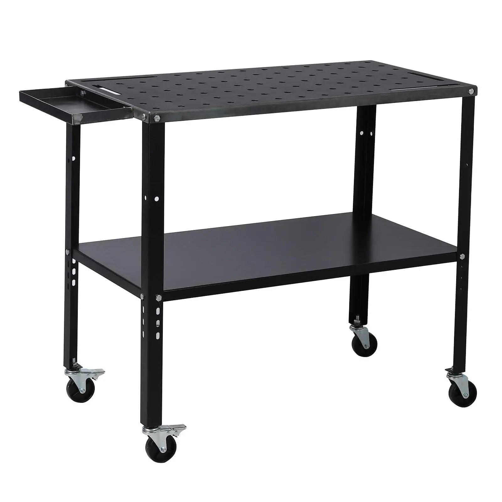 Heavy Duty Metal Welding Table - Sturdy Legs, 5/8" Hole Pattern, Lightweight Industrial Steel Workbench with Fixture Holes, Lockable Caster Welding Cart