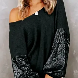 Black Sequin Open Back Knit Top - Long Sleeve, Round Neck, Patchwork Design, 100% Polyester, Casual Style, Loose Fit - Womenswear, Light, Knitwear