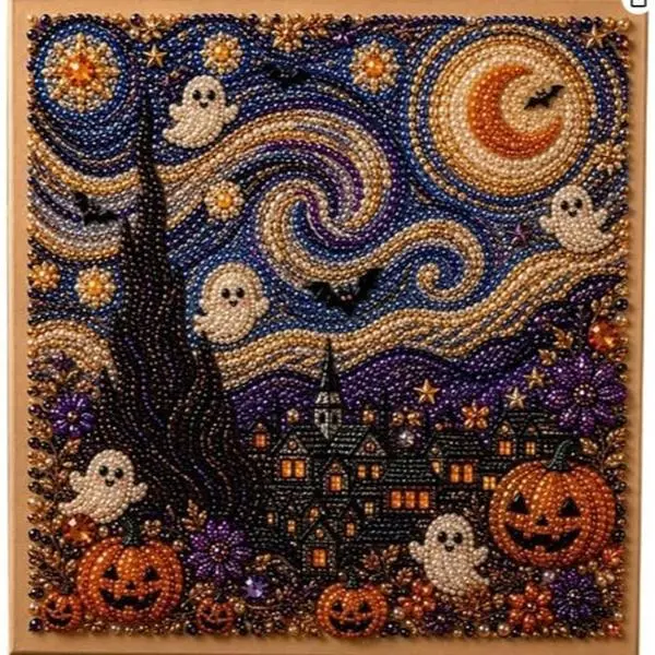 Halloween Starry Night DIY Pearl Diamond Painting Kit, Ghost Pumpkin Castle 5D Special Shaped Beads Art Craft, Wall Art Home Decor for Adults Beginners