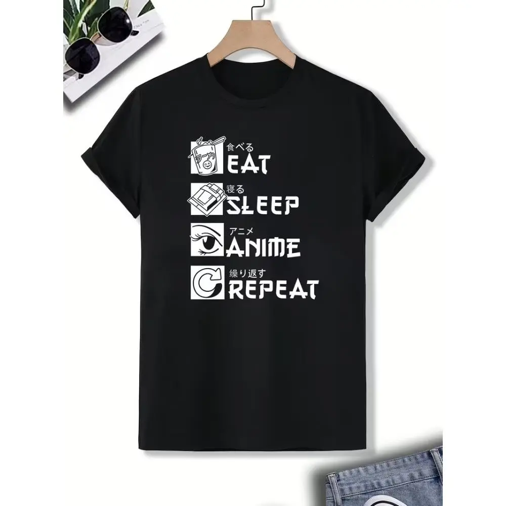 EAT SLEEP ANIME REPEAT Print Men's Casual Creative Short Sleeve Crew Neck T-shirt, Summer Outdoor