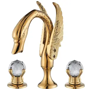 Golden Swan Bathroom Sink Faucet, Deck Mount 3 Hole 2 Handle Crystal Knobs Sink Mixer Tap Set with Hot and Cold Water