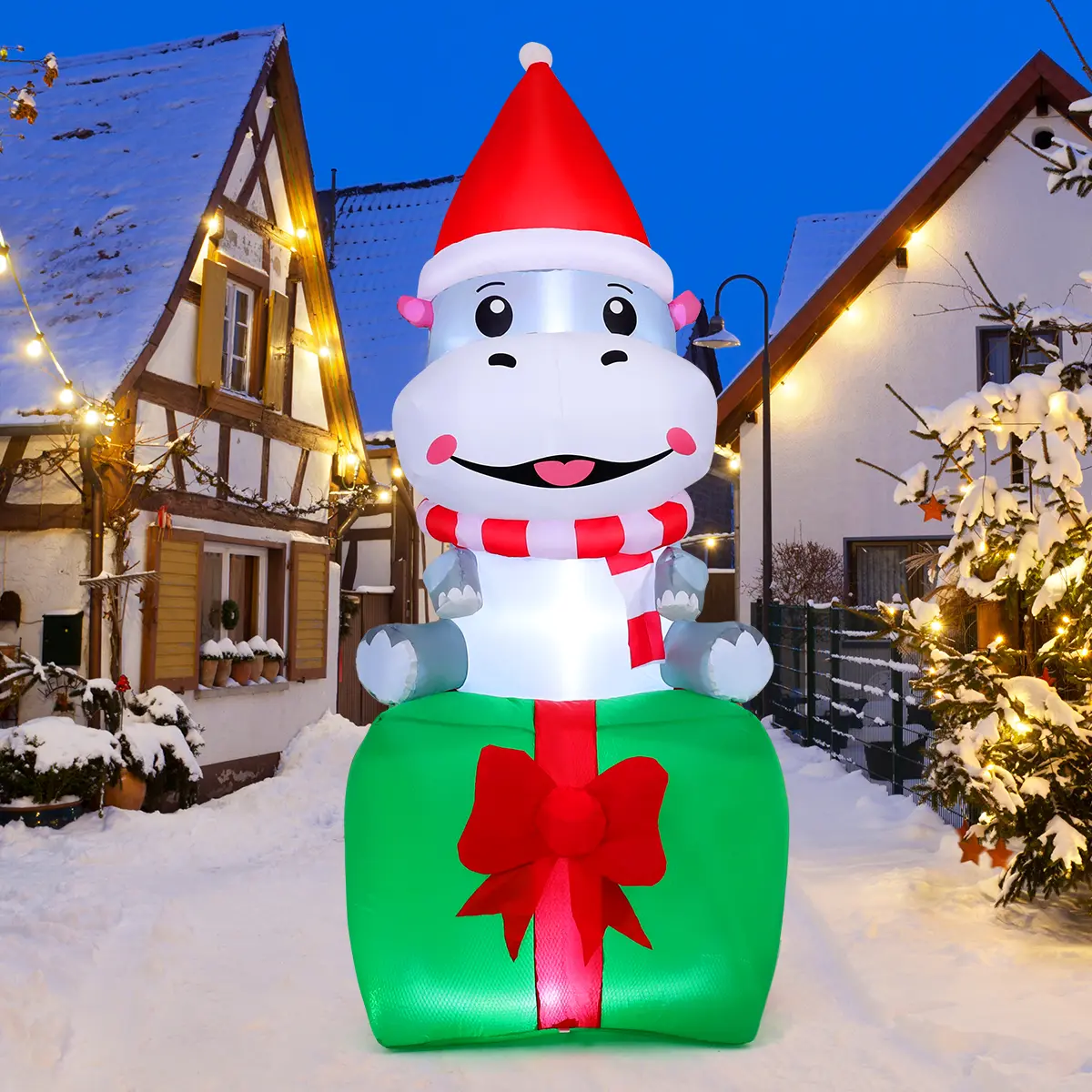 GOOSH 6.8 FT Christmas Hippo Inflatables with LED Lights for Outdoor Yard Decoration
