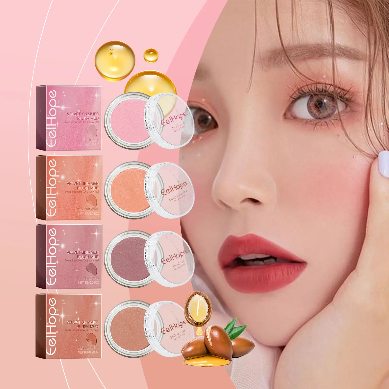 Velvet Fine Glitter Blush Mud Series - Natural, Light and brightening Glow Blush for rosy cheeks - Long-lasting and Adherent Fine Glitter Blush Cream - Essential Makeup for creamy nude Makeup - Mini Portable Touchup Wonder