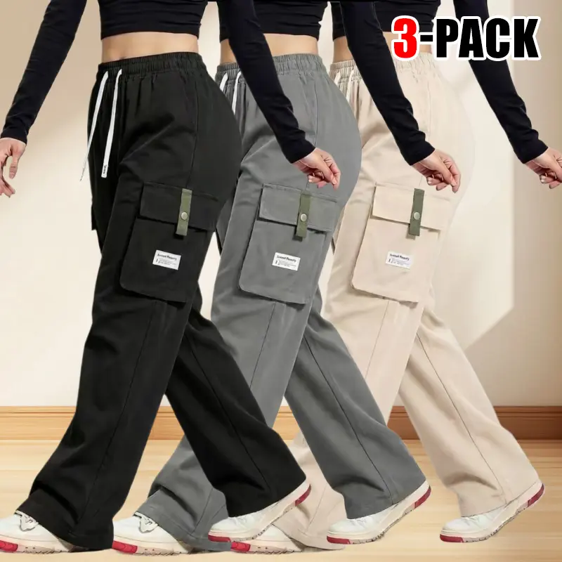LIFE KEEPS MOVING 3-Pack Women’s Lightweight Cargo Pants with Multiple Pockets for Spring/Autumn, Drawstring Design & Stylish Zippered Pockets, Straight-Leg Casual Long Pants, Suitable for Outdoor Sports and Everyday Dates
