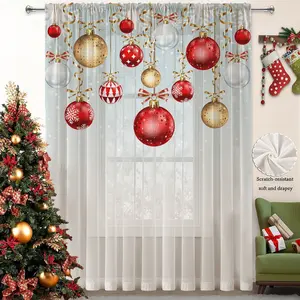 1PC Christmas-Themed Printed Sheer Curtain | Christmas Balls with Shimmering Gold Ribbons | Semi-Transparent Fabric, Rod Pocket Style | Living Room & Bedroom Use - Amplify Christmas Cheer