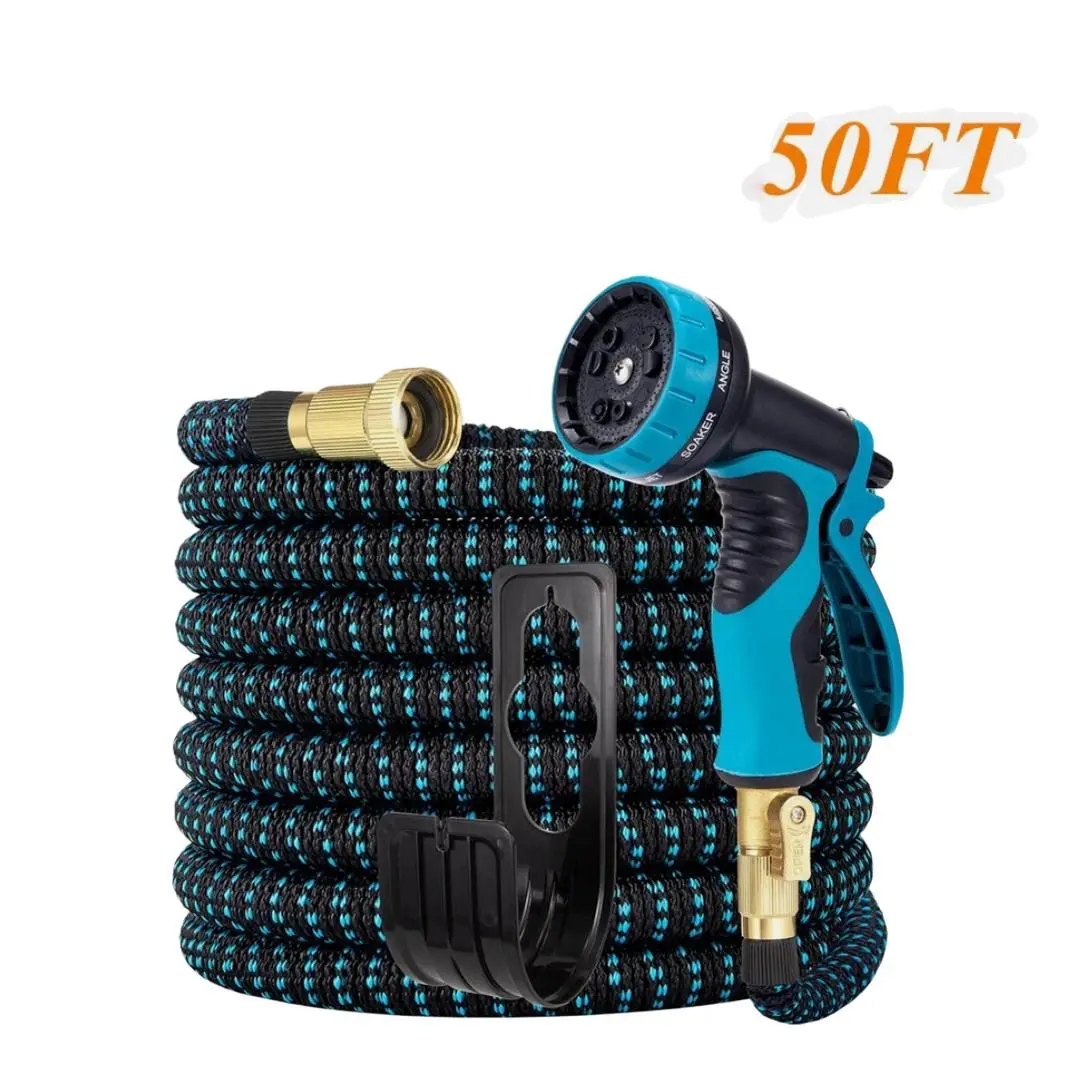 50ft Expandable Garden Hose, Flexible & Kink-Free Water Pipe with Triple Layer Latex Core, Includes 10-Function Nozzle & 3/4" Solid Fittings for Watering Grass, Trees & Washing Floor