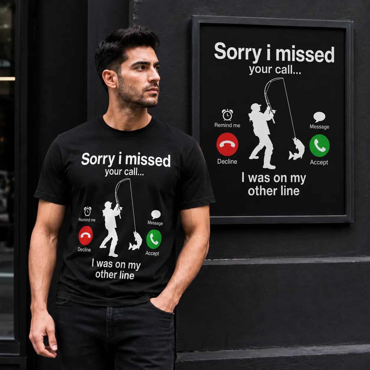 Men’s Funny Fishing T-Shirt, “Sorry I Missed Your Call, I Was on My Other Line” Fisherman Graphic Tee, Fishing Humor Shirt, Black Short Sleeve Crew Neck Casual Top, Funny Gift for Dad Grandpa Husband Angler
