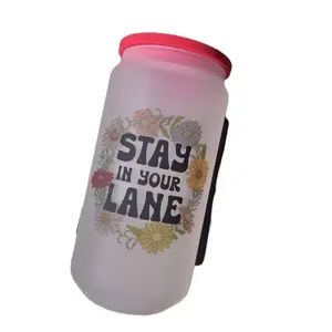 18 oz Frosted Glass Can with Red Silicone Lid and Glass Straw - 'Stay in Your Lane' - Drinkware, Bottle