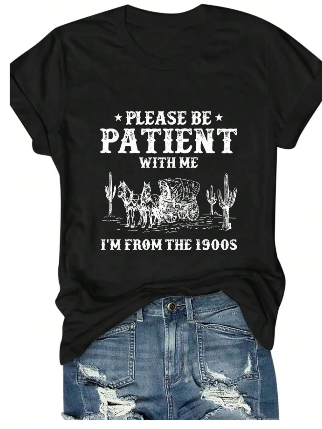 Please Be Patient With Me I'm From The 1900s Western Graphic Classic T-Shirt, Vintage Cowboy Stagecoach Casual Short Sleeve, Round Neck Tee, Breathable Streetwear Top for Men Women, Perfect for Rodeo, Country Concert & Retro Western Outfit