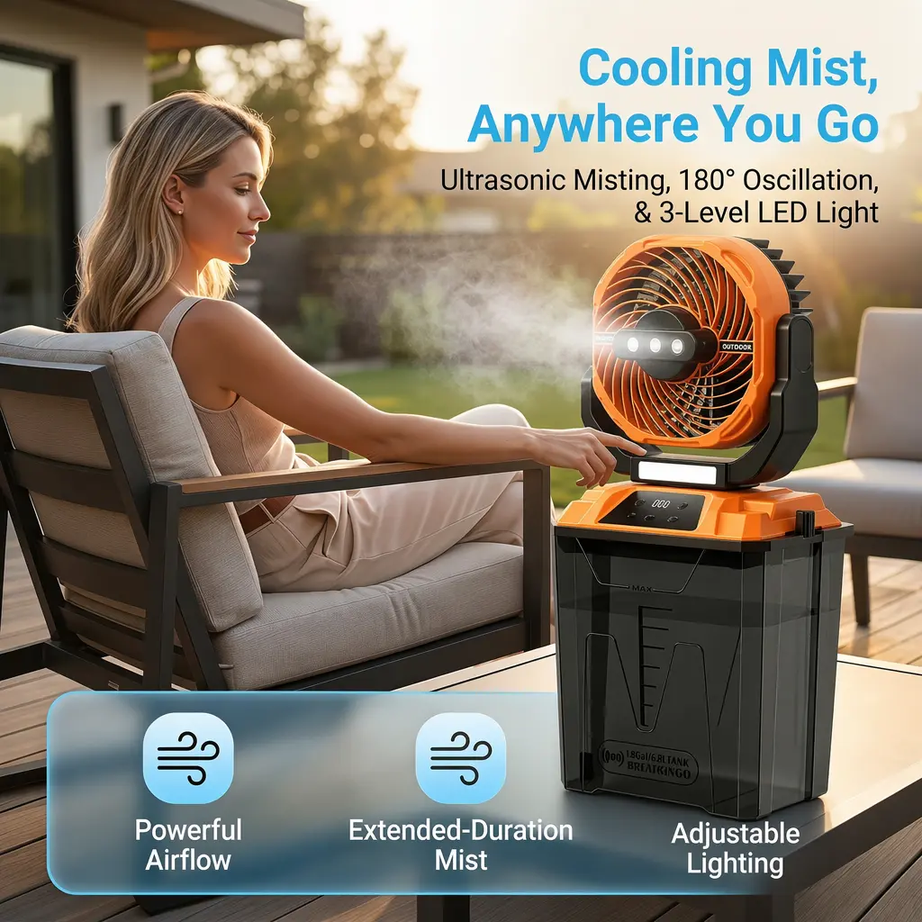 Summer Cooling Spray Fan, High-Quality 20000mAh Camping Fan with LED Light, Rechargeable Foldable Fan with 4 Adjustable Wind Speed Levels, Lightweight & Portable, Ideal for Camping, Beach, Football Matches, Gardens, Patio BBQ and Other Scenarios