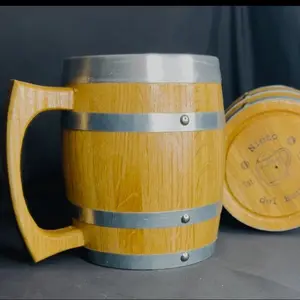 32oz Barrel Mug - Wooden Design with Metal Band, Ideal for Drinkware. Free laser engraving gift keeps drinks cold longer. Tumbler western rustic style